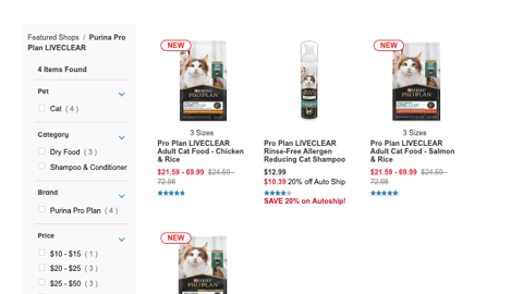 PetSmart Purina Pro Plan LiveClear E-Commerce Page
